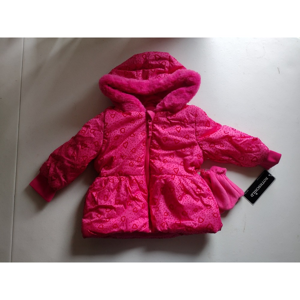 Rothschild Baby Girl Pink Heart Puffer Coat Hooded Jacket + Mittens‎ 24M NWT